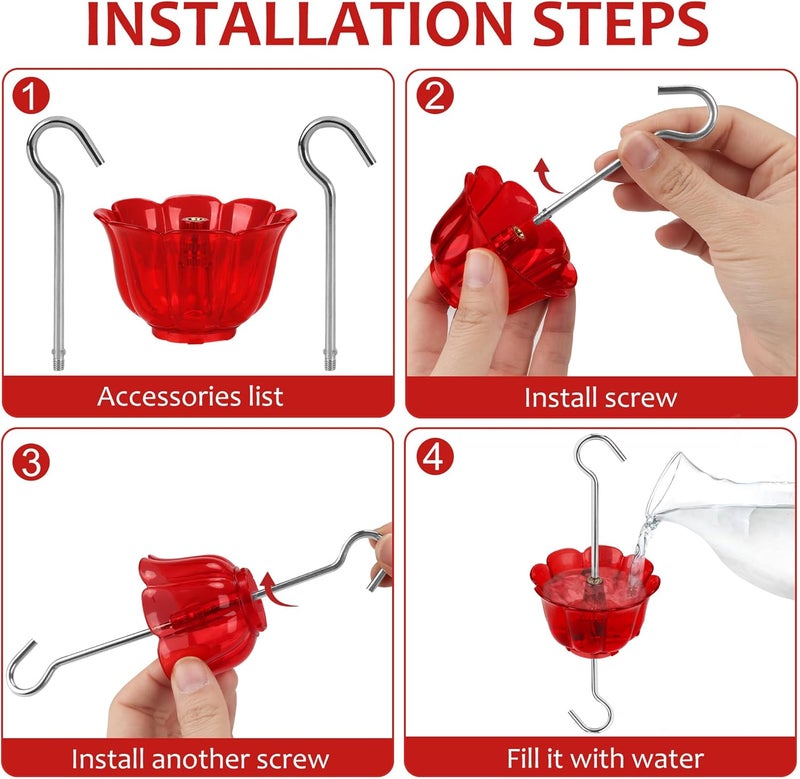 SIXTOYZF Ant Moat for Hummingbird Feeders 4 Pack,2 oz Capacity,Suitable for Outdoor Yard Hanging Feeders,Hummingbird Feeder Ant Guard,Rustproof S Hooks,Sturdy,Leakproof,Red Flower Shape - Image 5